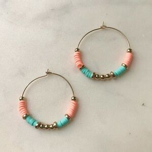 Bohemian Style Beaded Hoops Coral, Turquoise and Gold